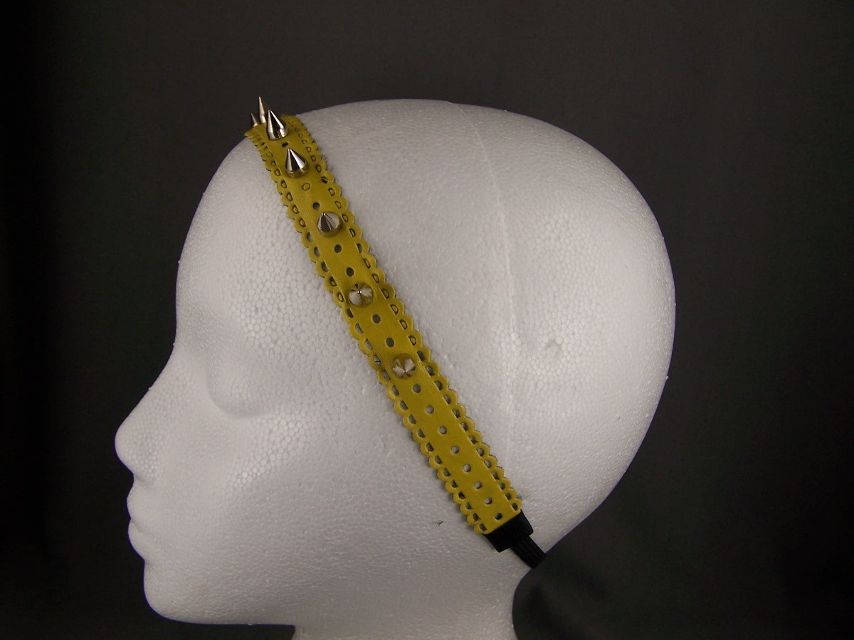 Yellow faux leather rivet spike stud headband stretch elastic spiked studded