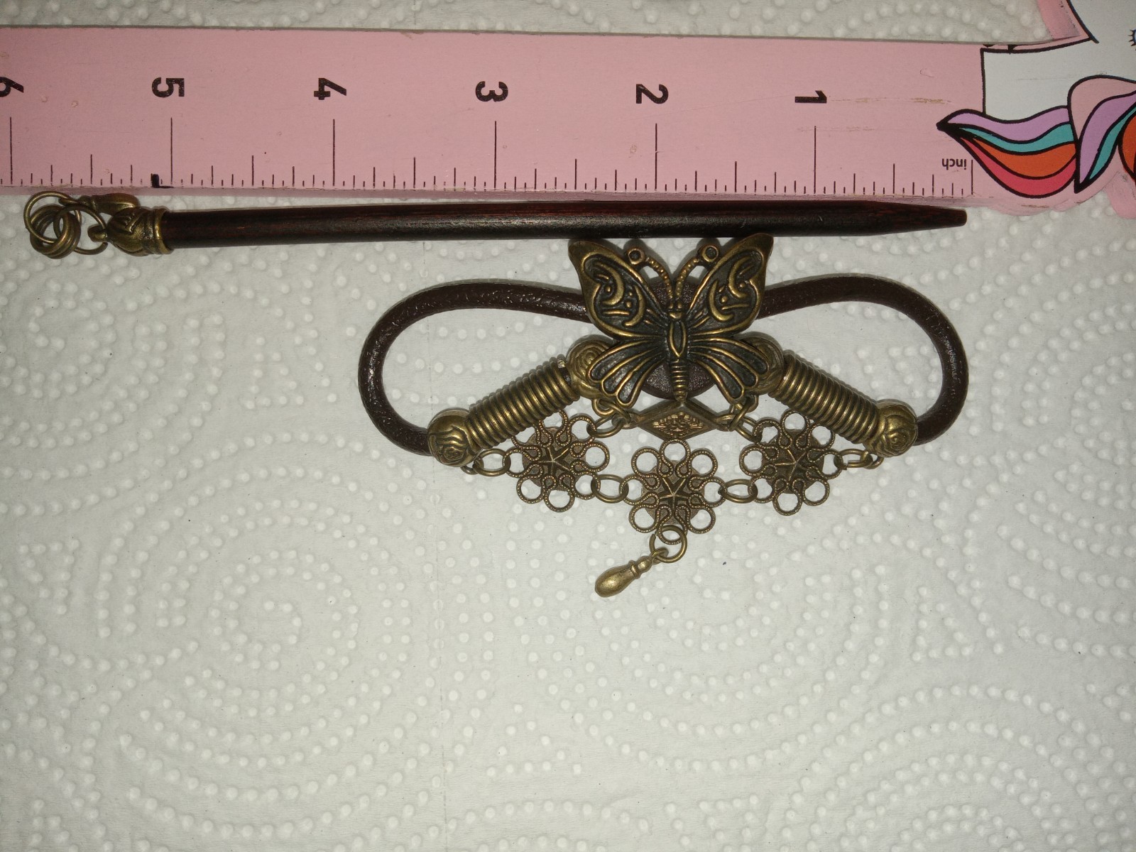Vintage Butterfly Faux Leather Gold Tone Metal Hair Accessory W/ Hair Stick Y2K