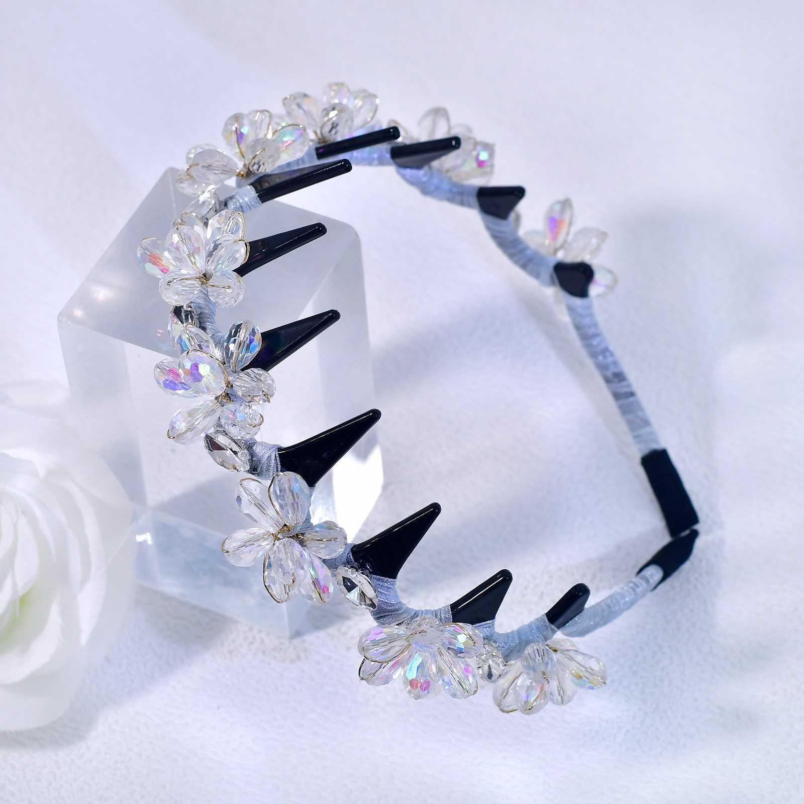 Styrdast Hands Elegant Crystal Flower Headband for Women – Handmade Iridescent
