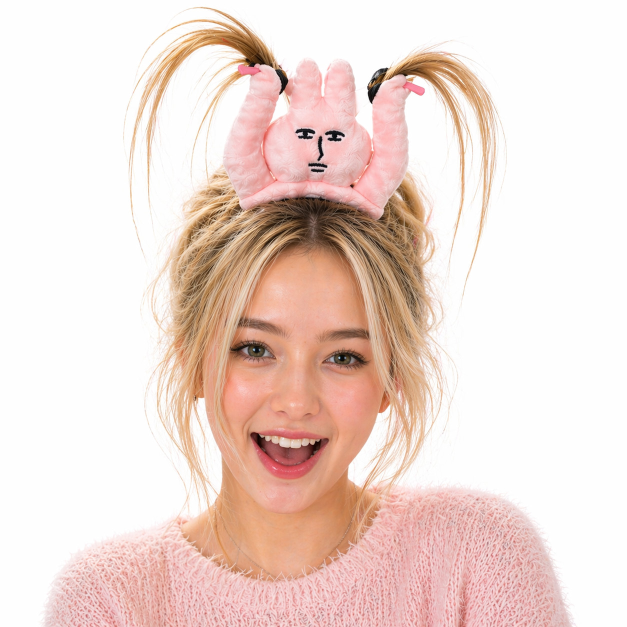 Cute Pink Plush Character Headband w/ Hair Clips Funny Cosplay Party Costume