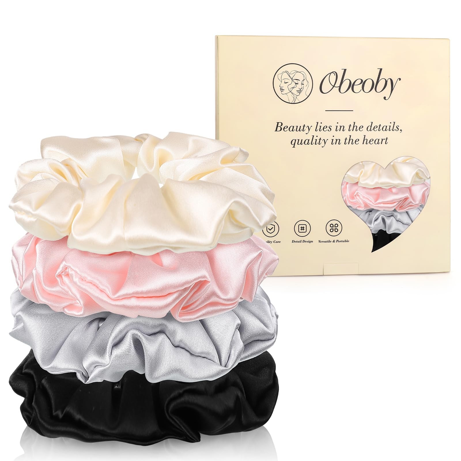 100% Mulberry Silk Scrunchies for Hair Bun Ponytail, No Damage 4 Pack Silk Ha…