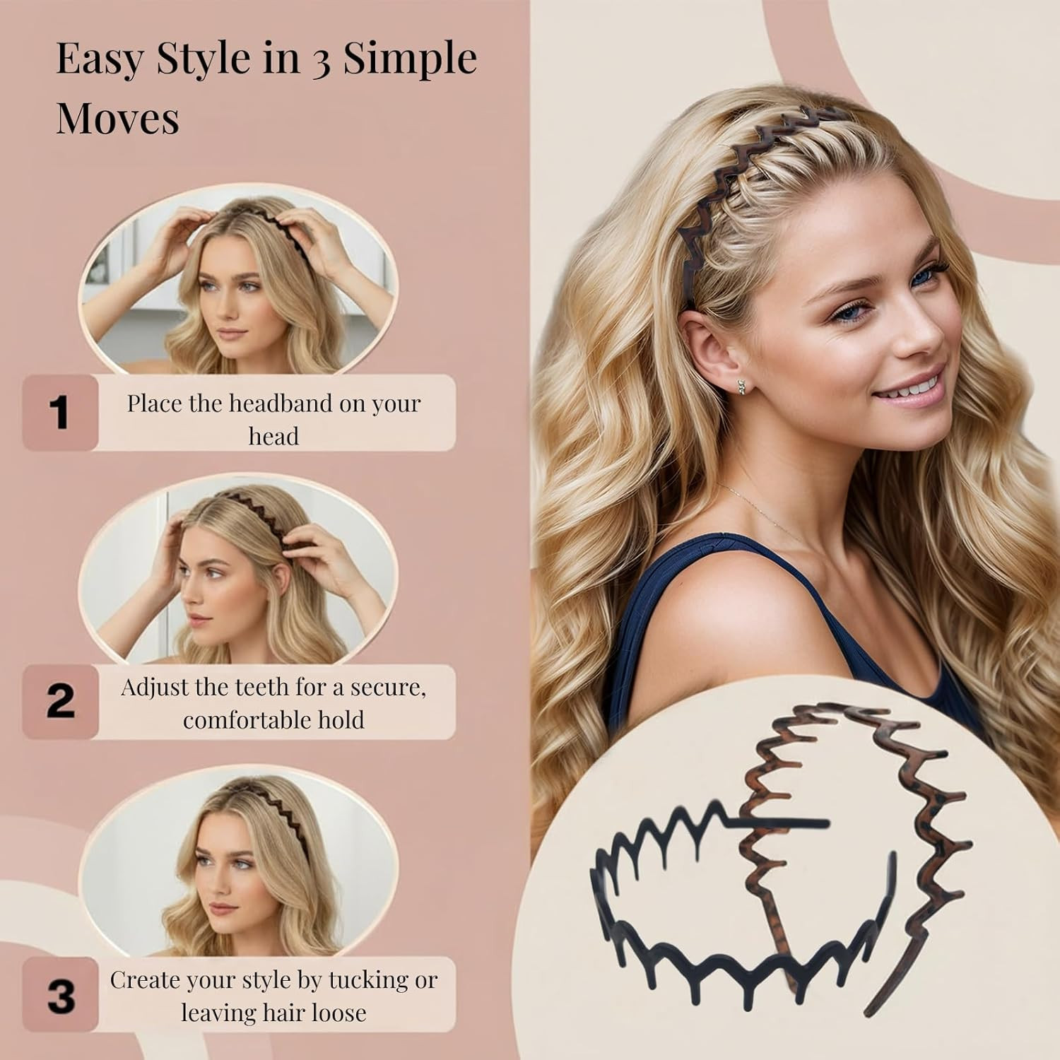2Pcs Zig Zag Headbands – Non-Slip Wavy Plastic Hair Bands with Teeth for Women &