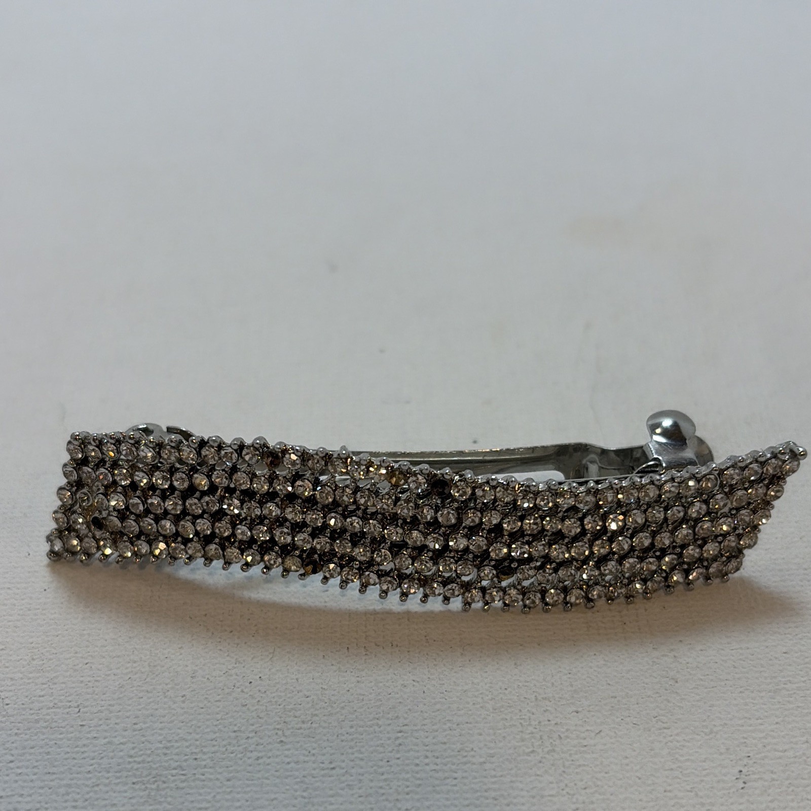 Silver Tone Metal Barrette Hair Clip with Clear Rhinestones, Solid Pattern