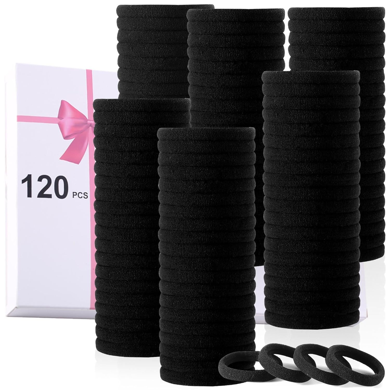 120PCS Black Hair Ties for Thick Hair – Seamless No Damage Elastic Ponytail Hold