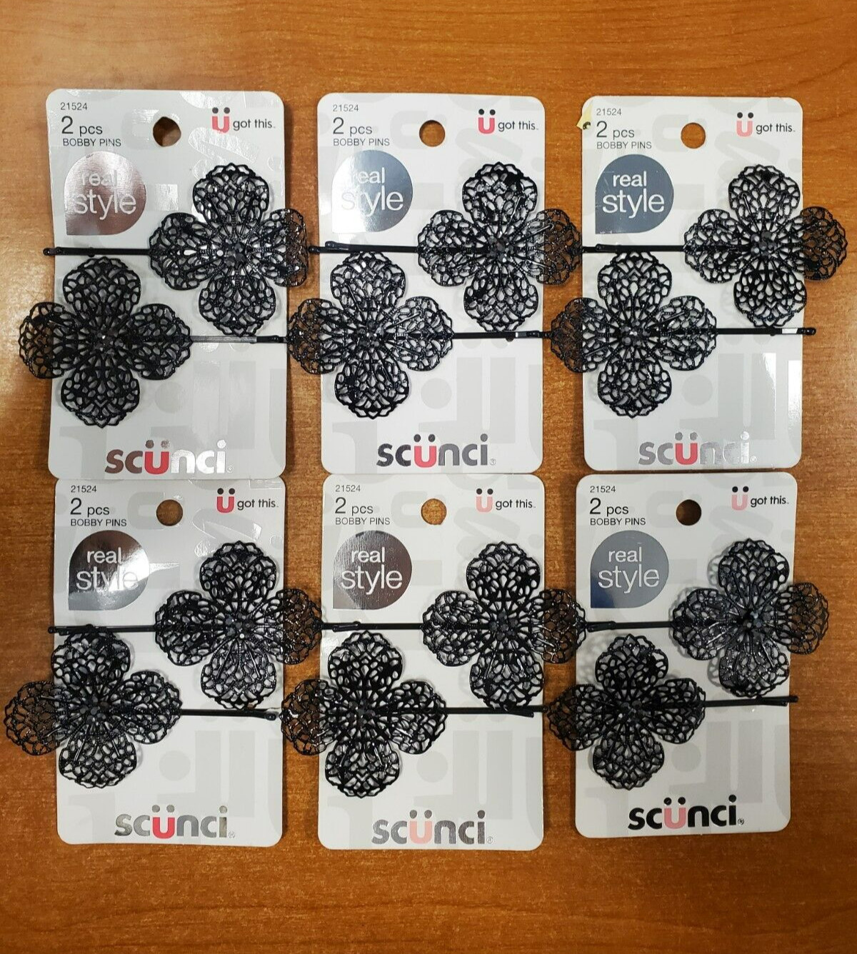 6 Packs of 2: Scunci Real Style Flower w/ Stones Bobby Pins, Black (5249) R8P8a