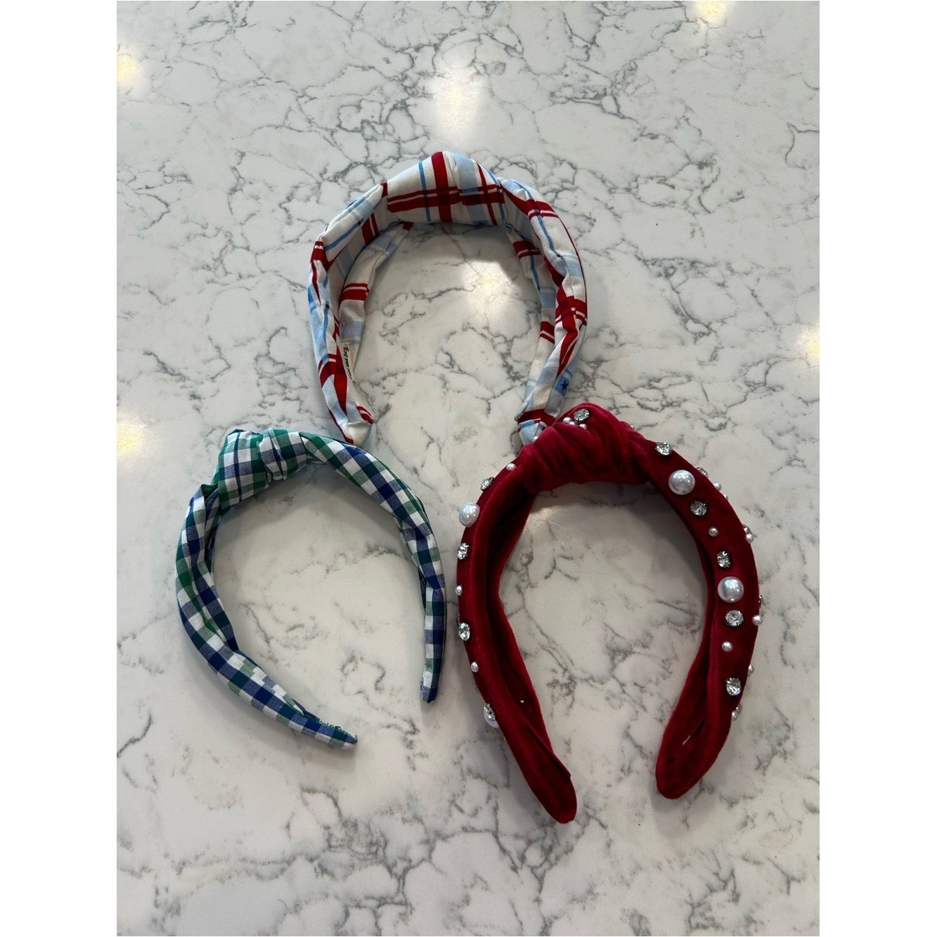 Lot of 3 Fabric Covered Knot Headbands Checkered Americana Faux Pearl
