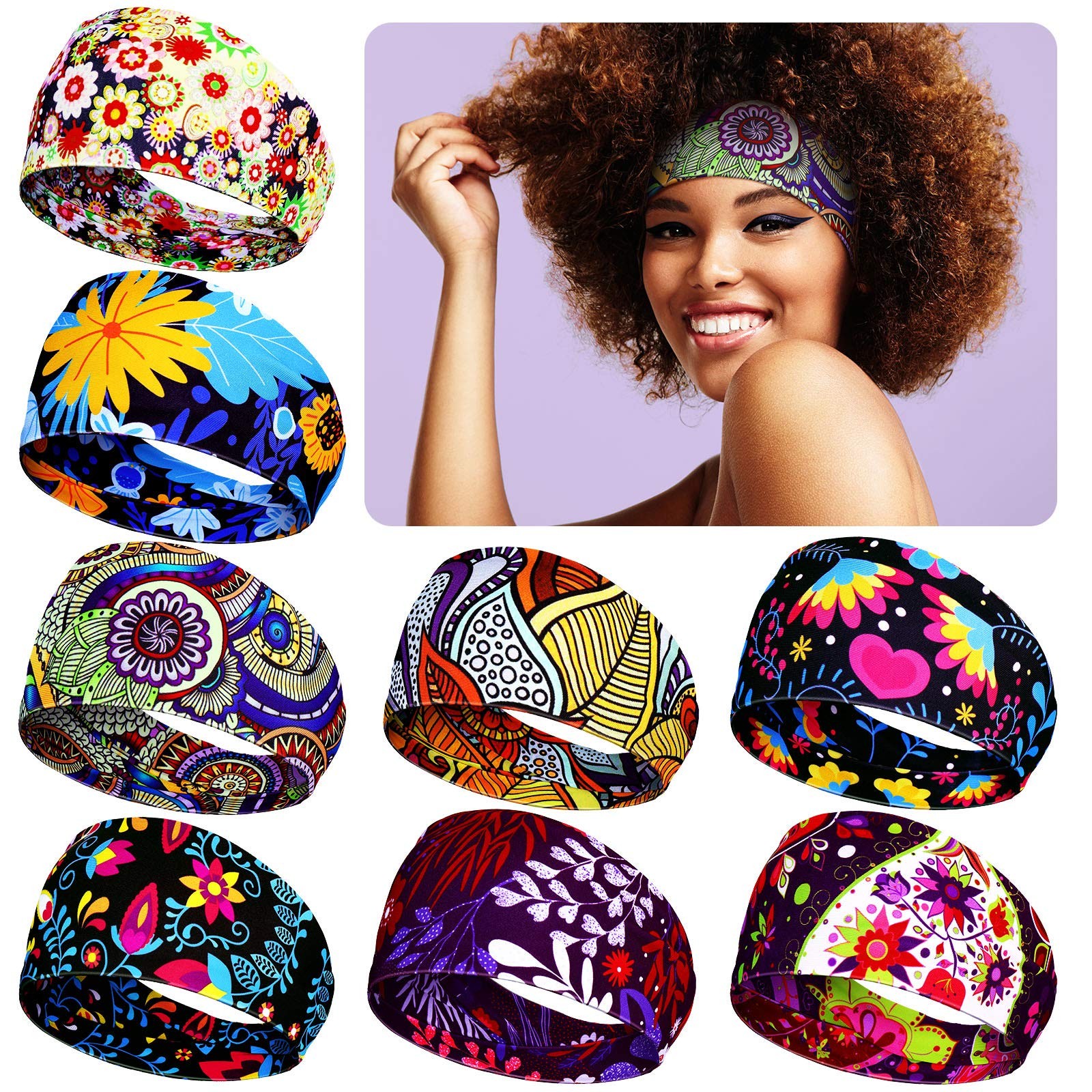 8 Pcs Wide African Headband for Women Stretchy Boho Print Hairband Non Slip H…