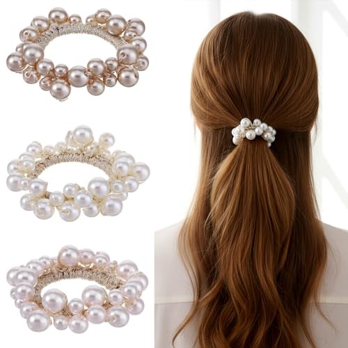 Ouligay 3PCS Pearl Hair Scrunchies for Women’s Hair Beaded Hair Tie Elastic