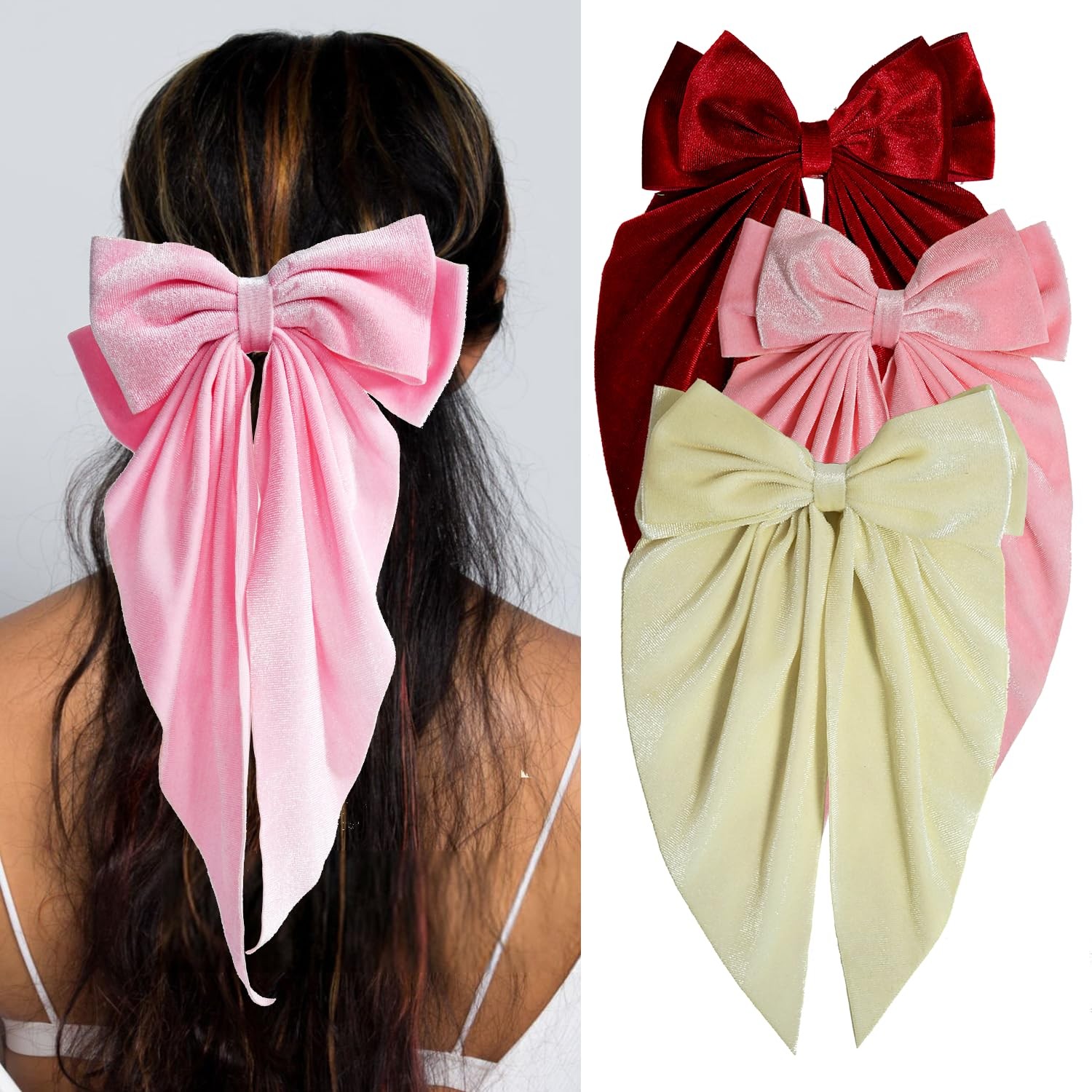 Large Velvet Hair Bows 3 PCS Oversized Long Tail Clips Pink Red White