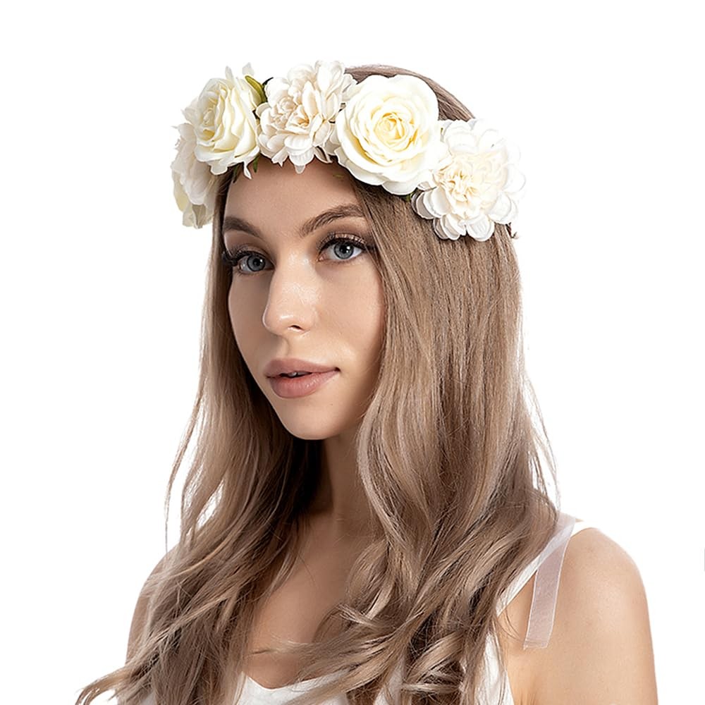 Rose Flower Crown Headband for Women Handmade Floral Wreath Hair Band Beach B…
