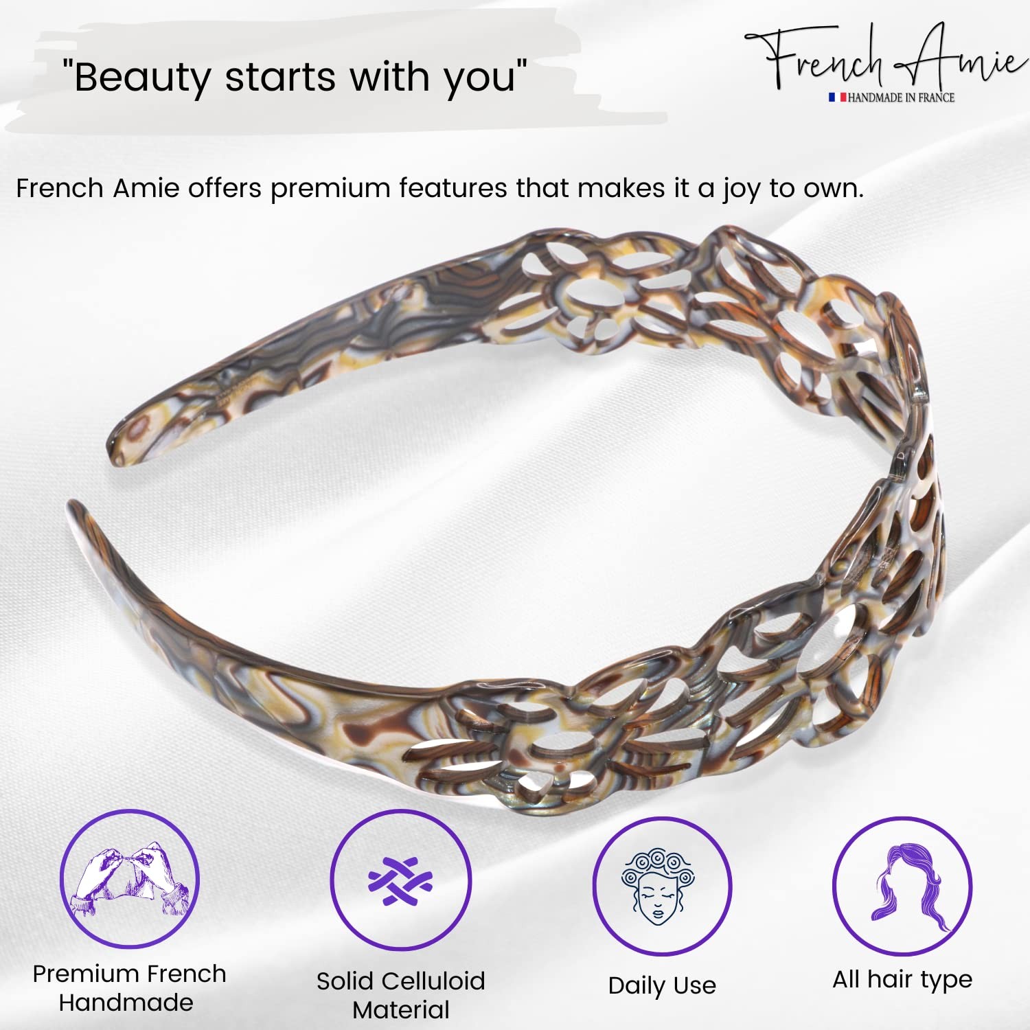 French Amie Flower Wide 1 1/2″ Celluloid Handmade Flexible Headbands