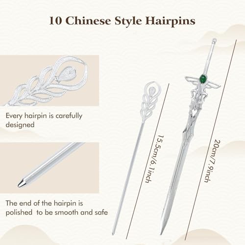 10 Pack Silver Metal Hair Sticks Chopsticks Hair Pins Chinese Asian Hanfu