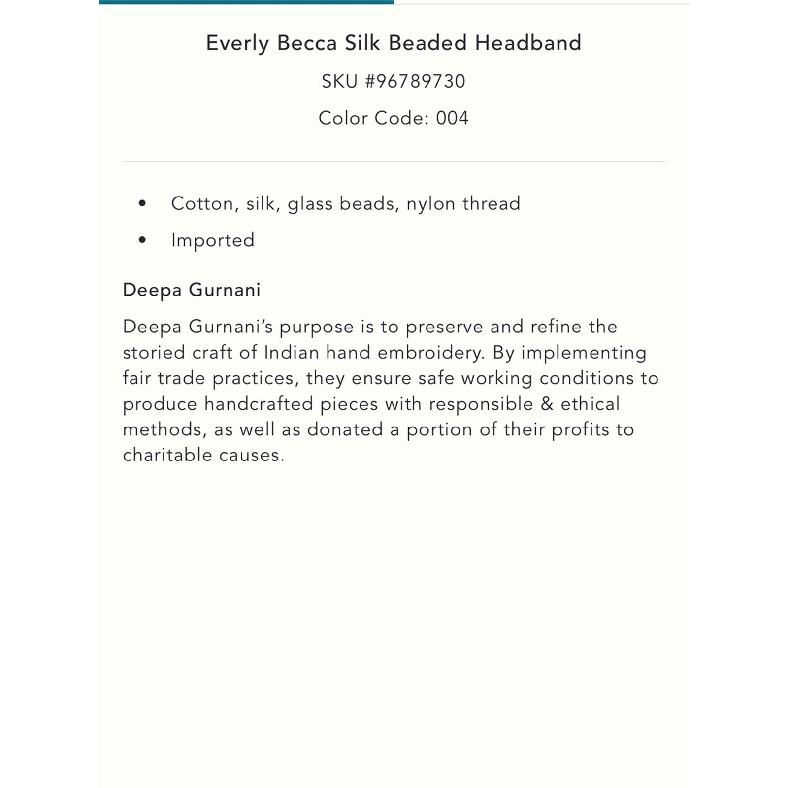 NWT Anthropologie x Deepa Gurnani Everly Silk Beaded Headband