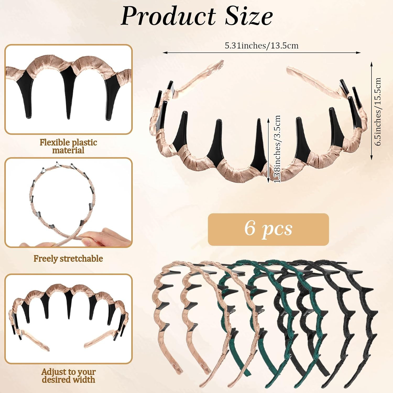 6 PCS ZigZag Headbands for Women Non Slip Claw Headband Retro High Skull Headban