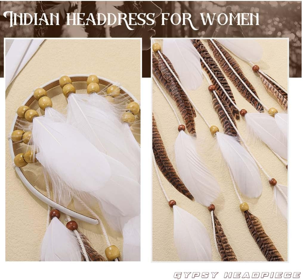 Boho Feather Headband Indian Hippie Headbands White Gypsy Headpiece Bohemian Cos