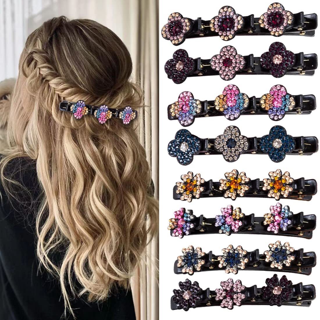 Sparkling Crystal Stone Braided Hair Clover Clips for Thick Thin Hair, Girls / W