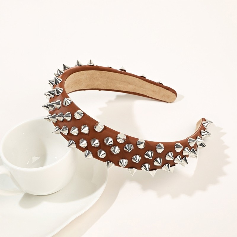 Faux-Leather Rivets Design Headbands Woman Yoga Makeup Elastic Stretch Headband