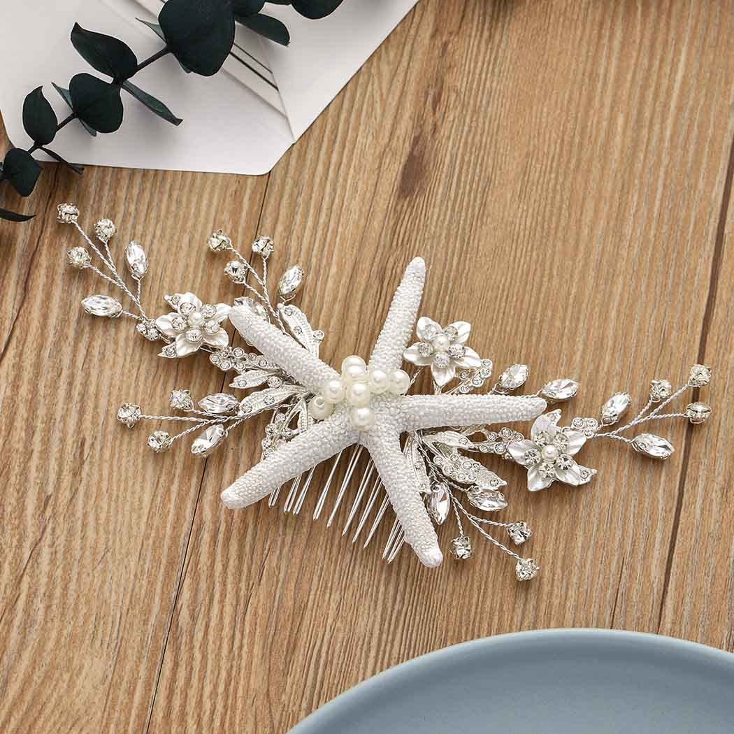 Starfish Bride Wedding Hair Comb Silver Crystal Bridal Piece Pearl Beach
