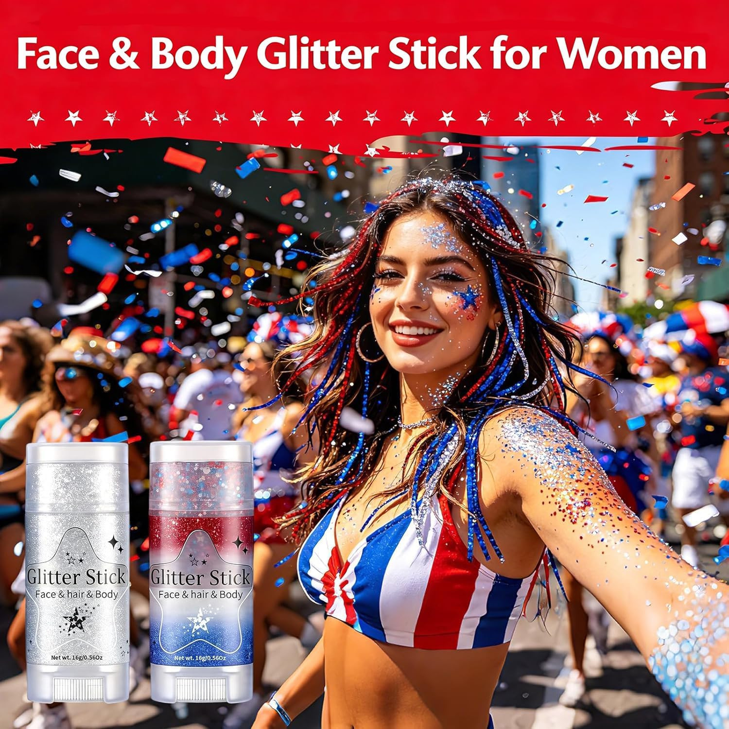 6Pcs Red White Blue Hair Glitter Stick, 4 Styles Face & Body Glitter | Waterproo