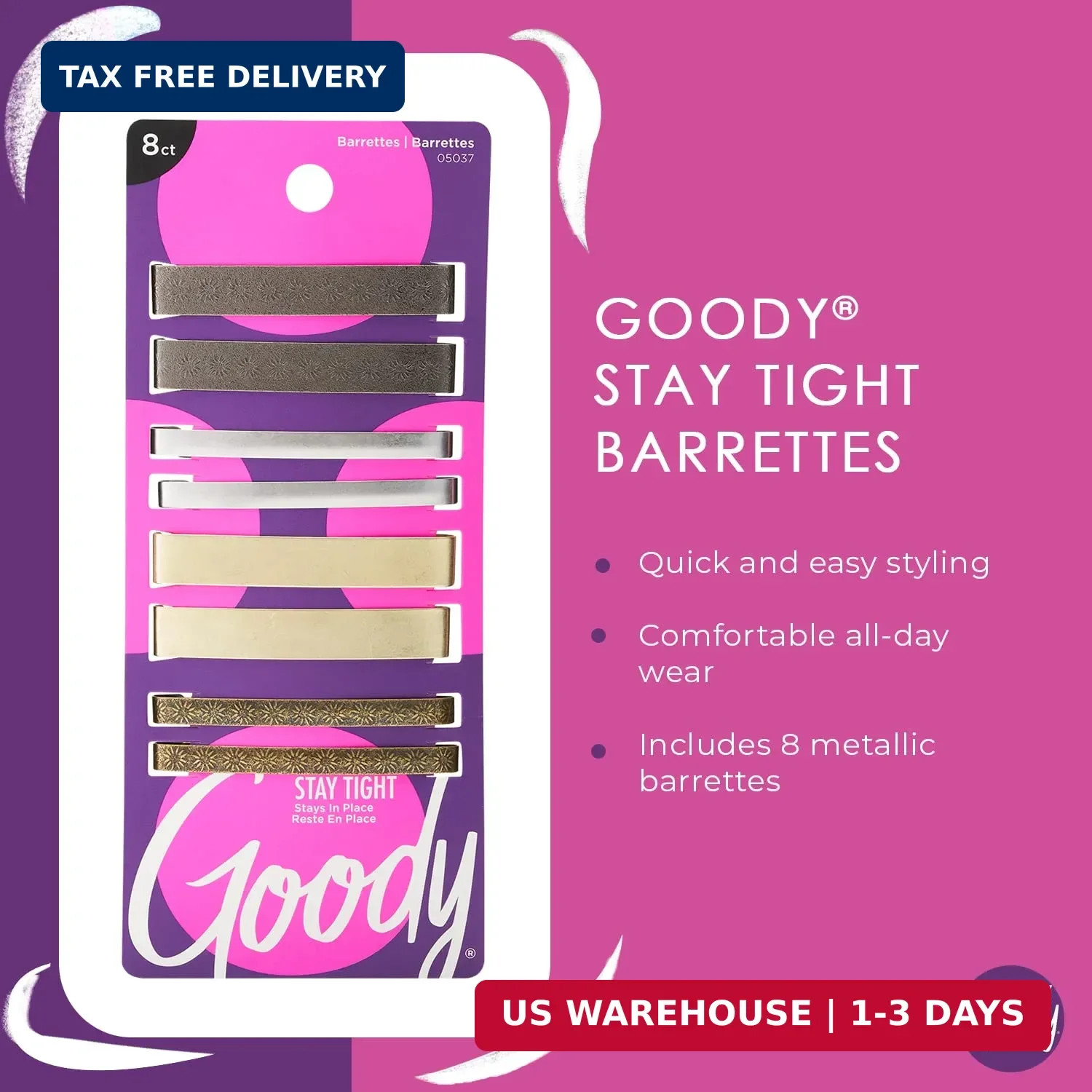 Goody Stay Tight Hair Barrettes – 8 Ct, Assorted Metallic Colors, Non-Slip Flat