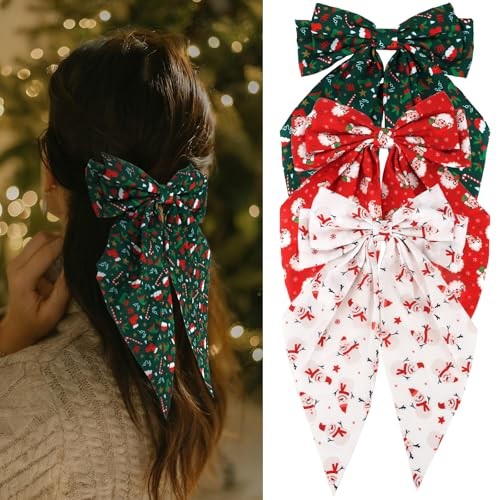 Christmas Hair Bows For Women Girls 3PCS Big Long Tail Ribbons Bowknot