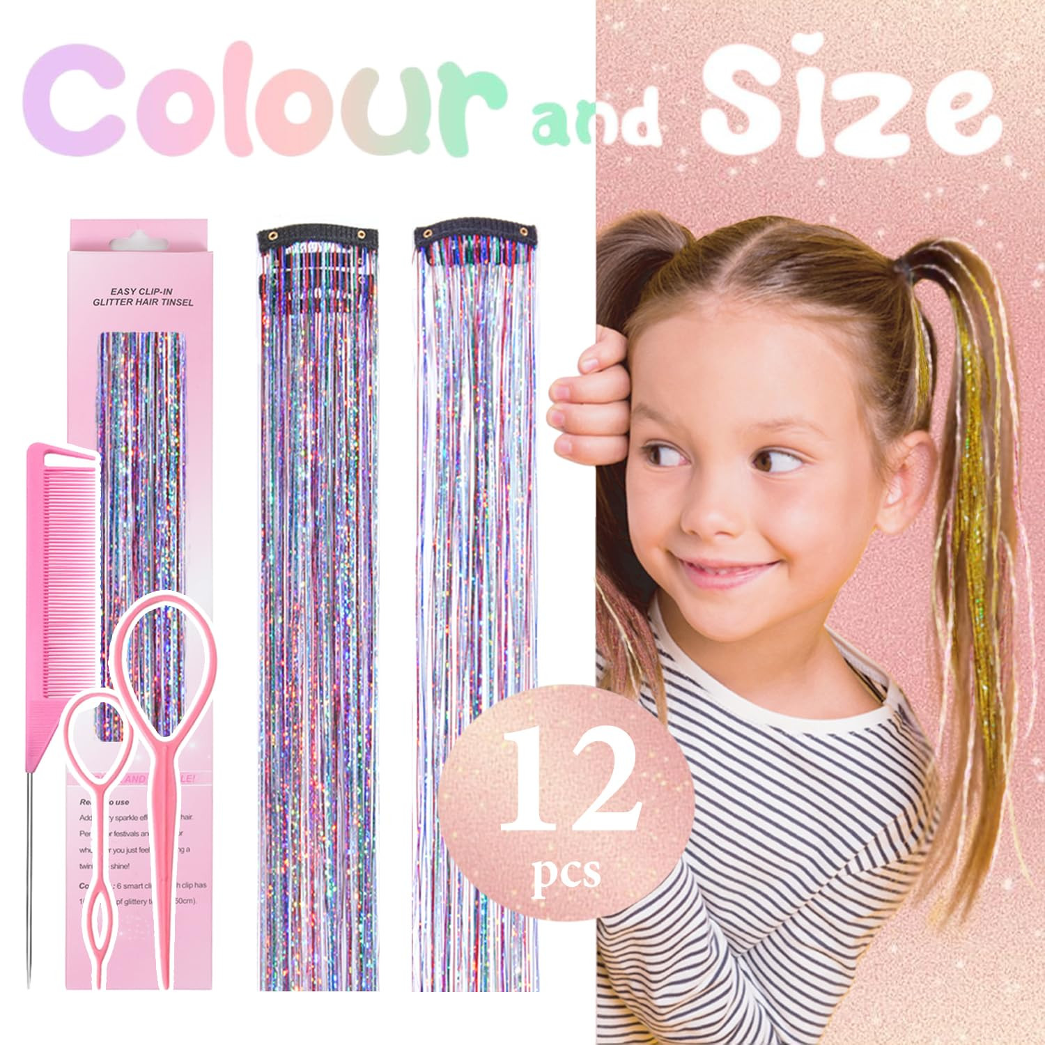 Hair Tinsel Clip in Dreamy Colorful Fairy Hair Tinsel Kit, 12 Pcs 24 Inch Glitte