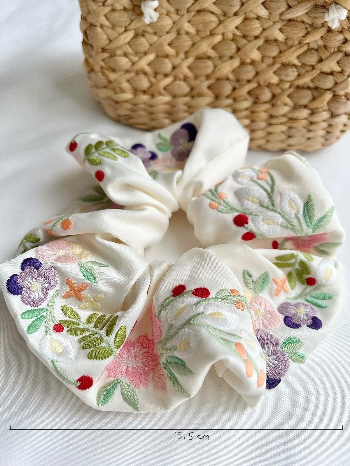 Floral Embroidered Hair Scrunchie, Large Flower Hair Tie, Cottagecore Hair Acces