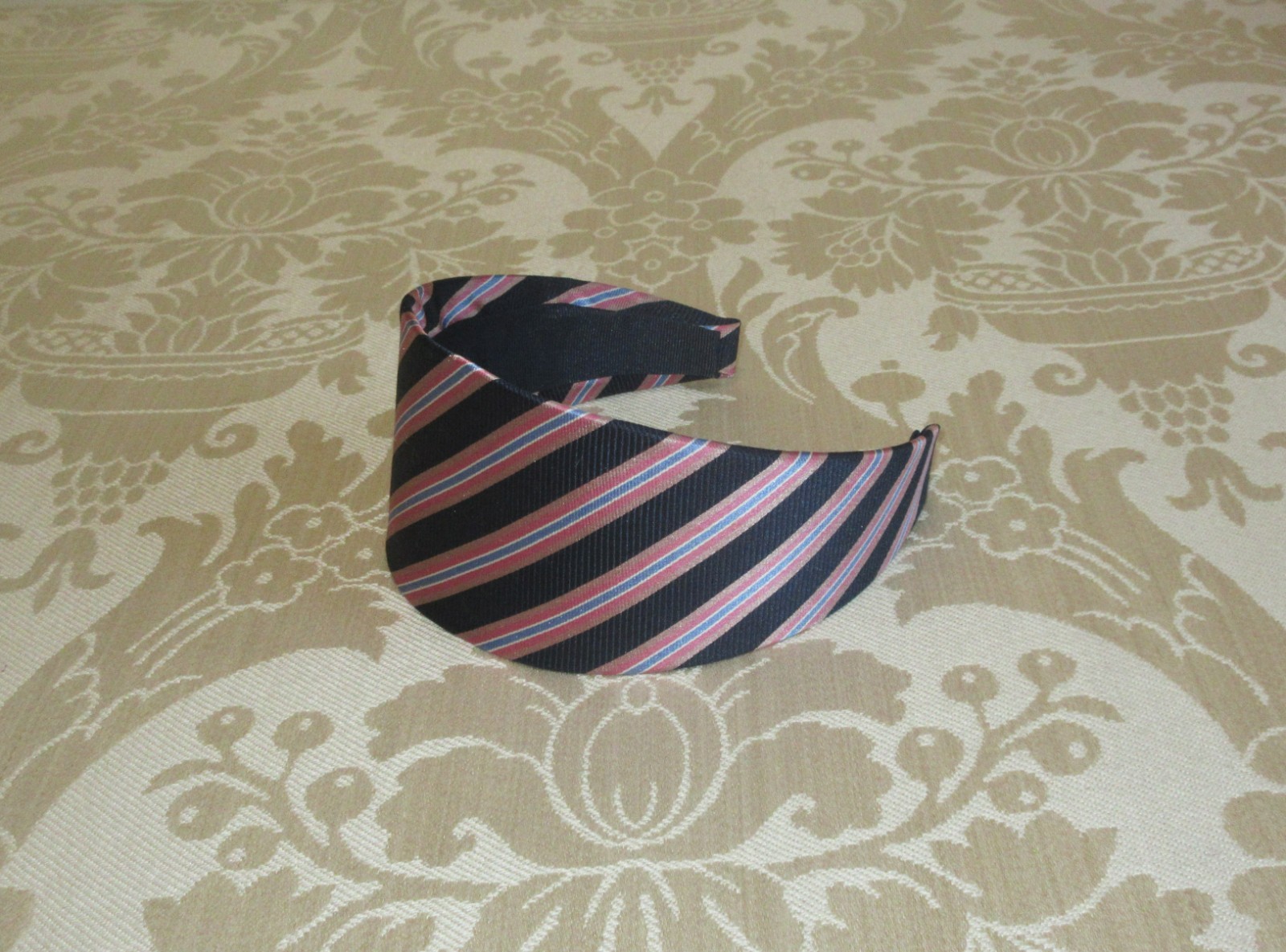 Handmade Preppy Boho Extra Wide Silk Vintage Navy Pink Striped Headband