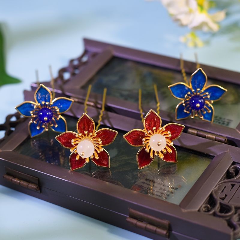 Hanfu Hairpin Blue Red Flower Set Traditional Chinese Hair Accessories 4pc
