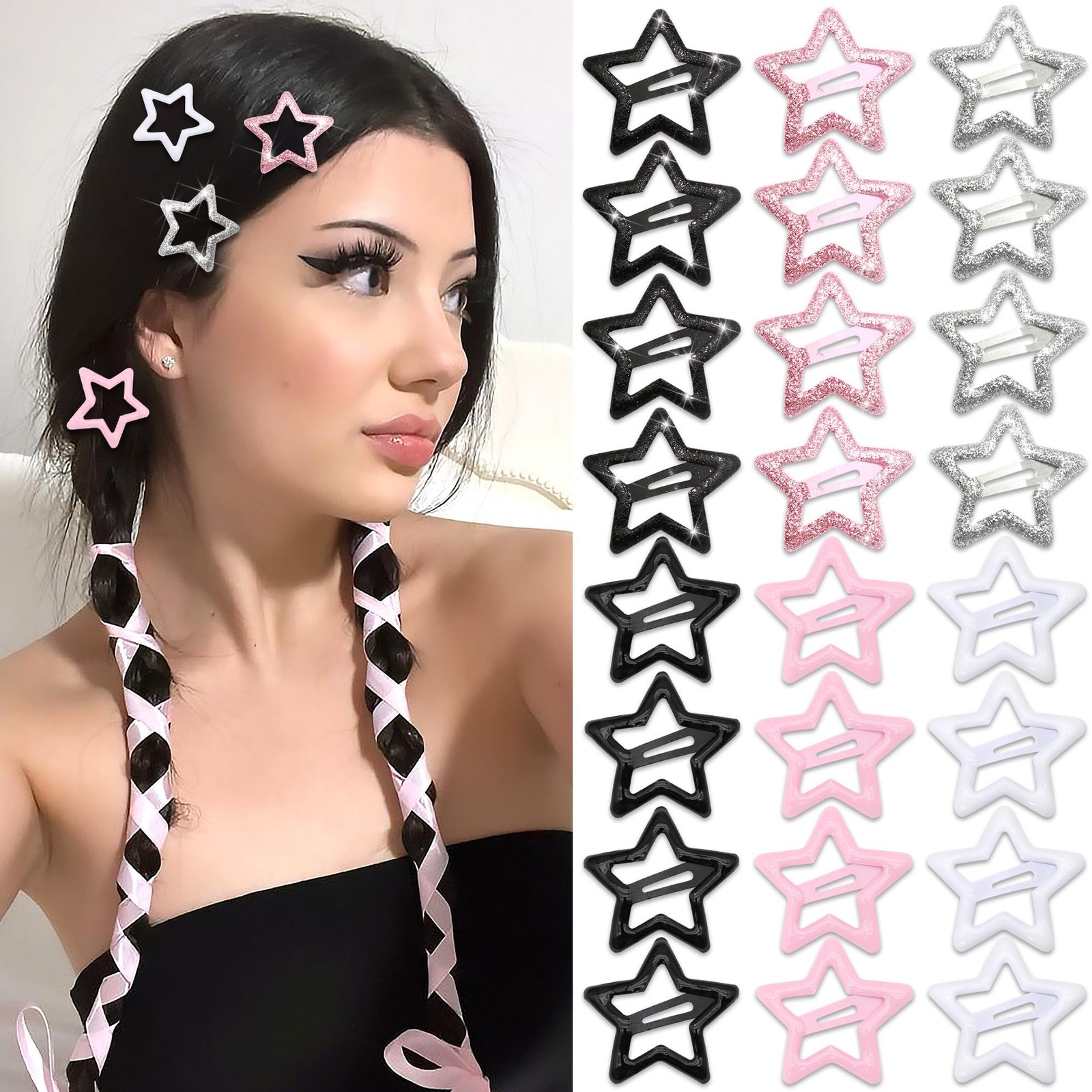 24Pcs Black Pink Sequins Star Hair Clips Y2K Star Snap Hair Barrettes for Wom…