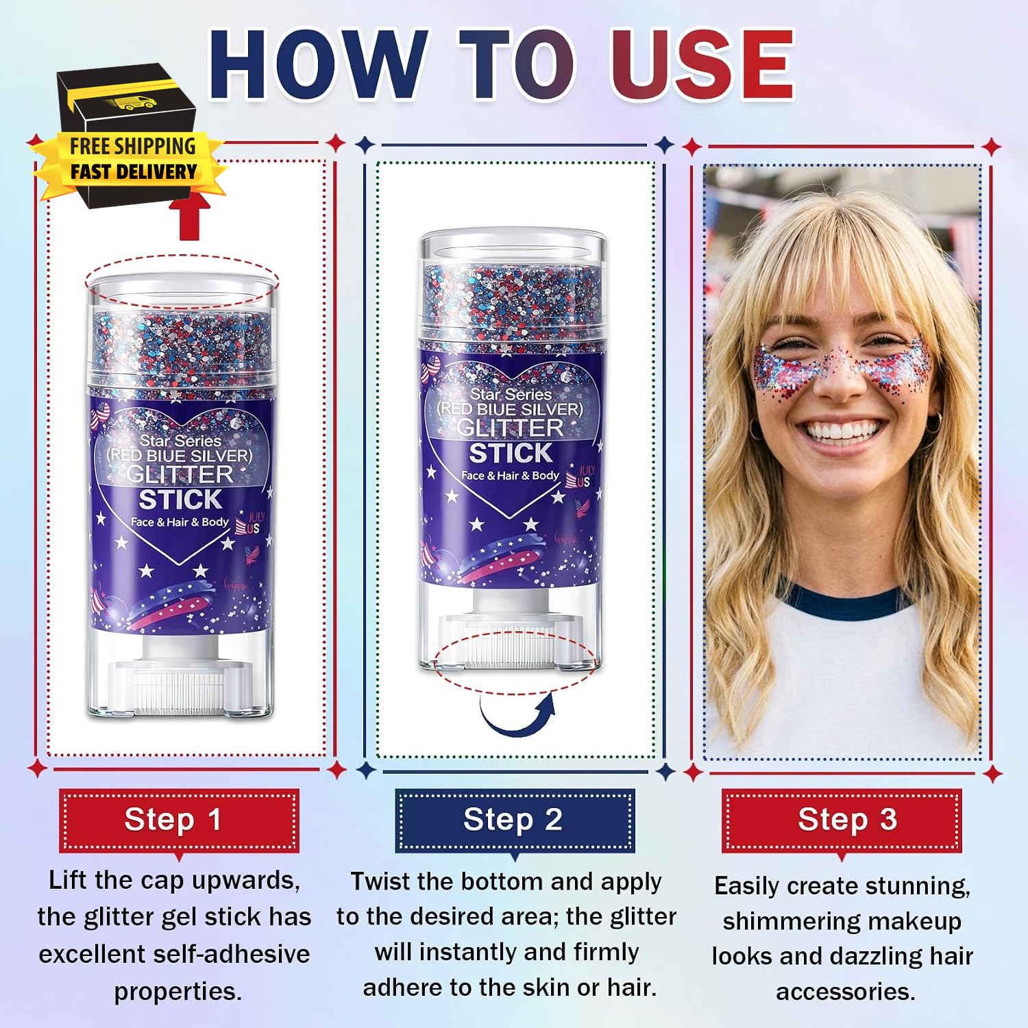 Red White Blue Body Glitter Stick, Patriotic Face Hair Glitter Gel | Waterproof