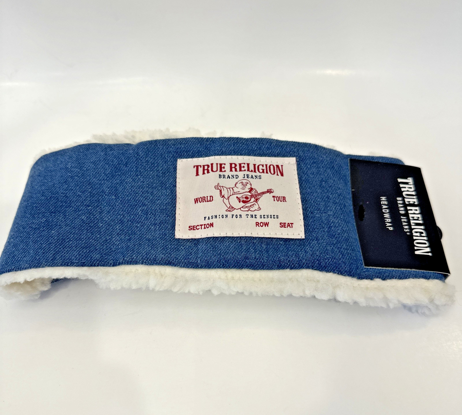 NWT True Religion Sherpa Lined Denim Logo Headwrap NEW One Size Blue