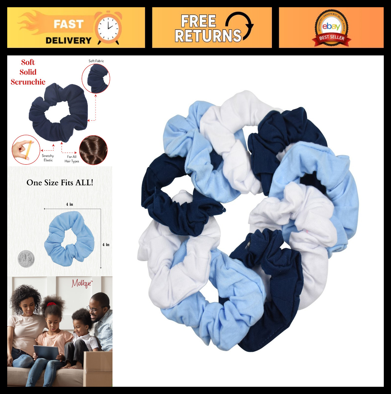 9 Pack Hair Scrunchies Ties – White, Navy, Light Blue – Soft, Durable & Stylish