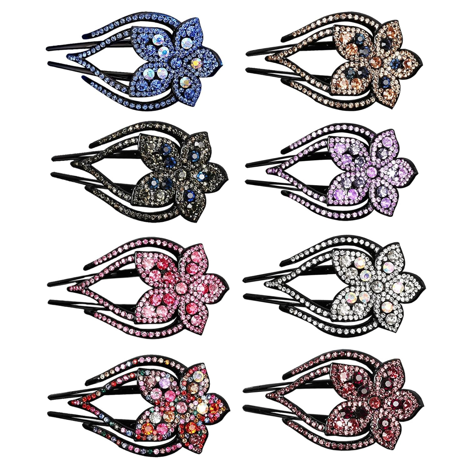 Sparkling Rhinestone Duckbill Ponytail Hair Clips: 8 Double Flower Crystal B