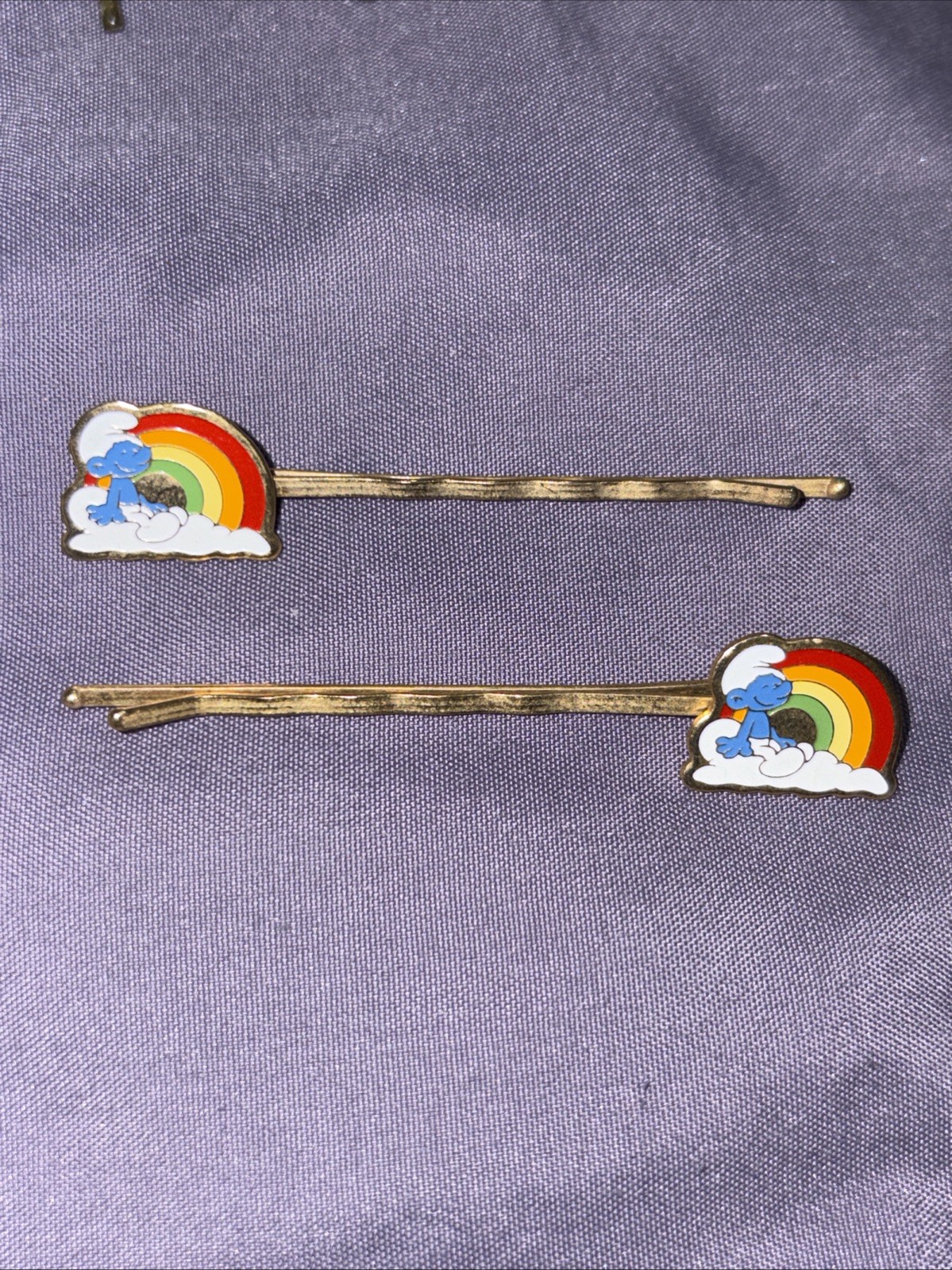 2 Vintage Smurfs Bobby Pins 80s Happy Smurf Gold Colored
