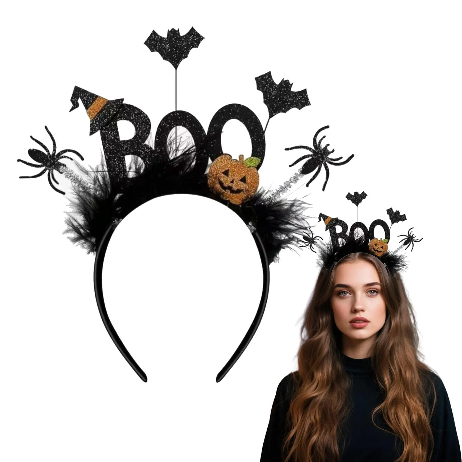 1Pcs Halloween Headbands for ,Glitter Black Halloween Headband with BOO Text …