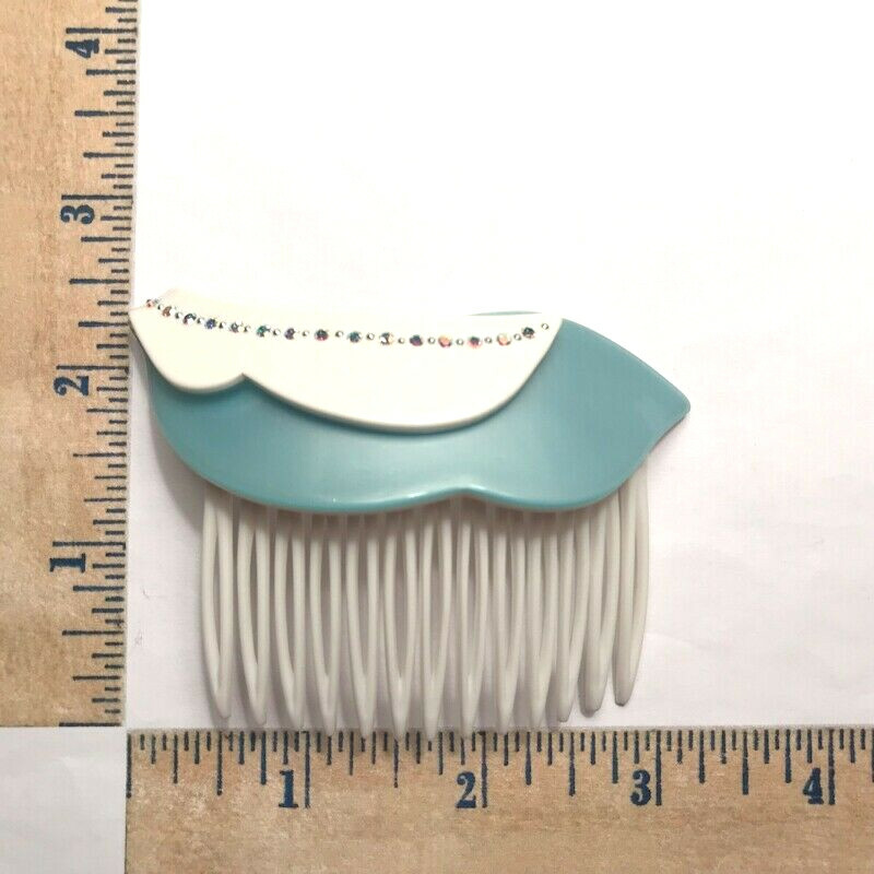 Vintage French Hair Side Comb White Pastel Colors Crystal Accent Made in France