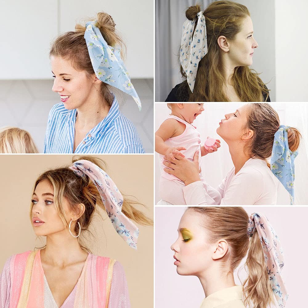 10Pcs Floral Chiffon Ribbon Polka Dots Scrunchies – Cute Bowknot Ponytail Holder