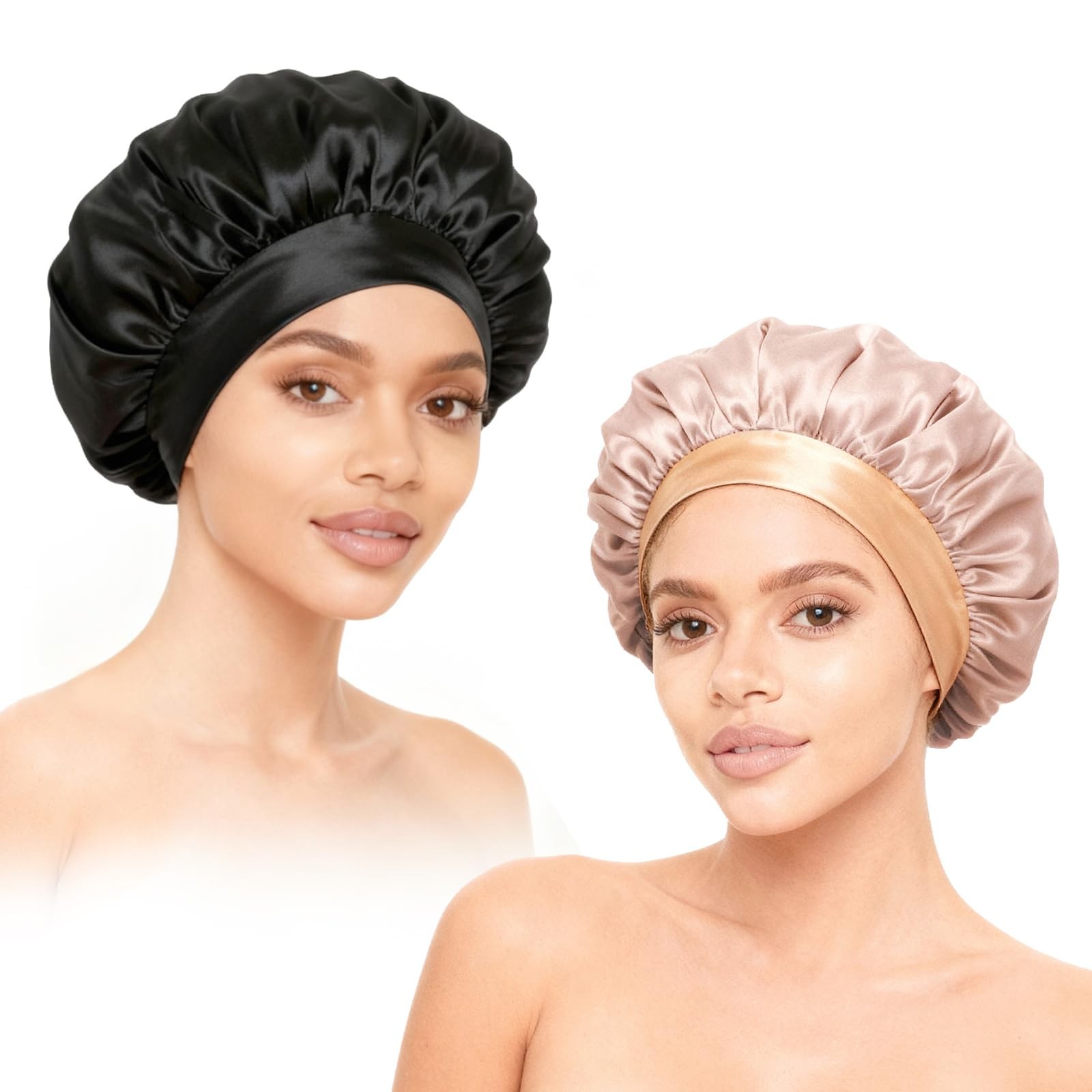 2Pcs Satin Hair Bonnets,Silk Bonnet for Sleeping, Soft Elastic 5, Black/Gold