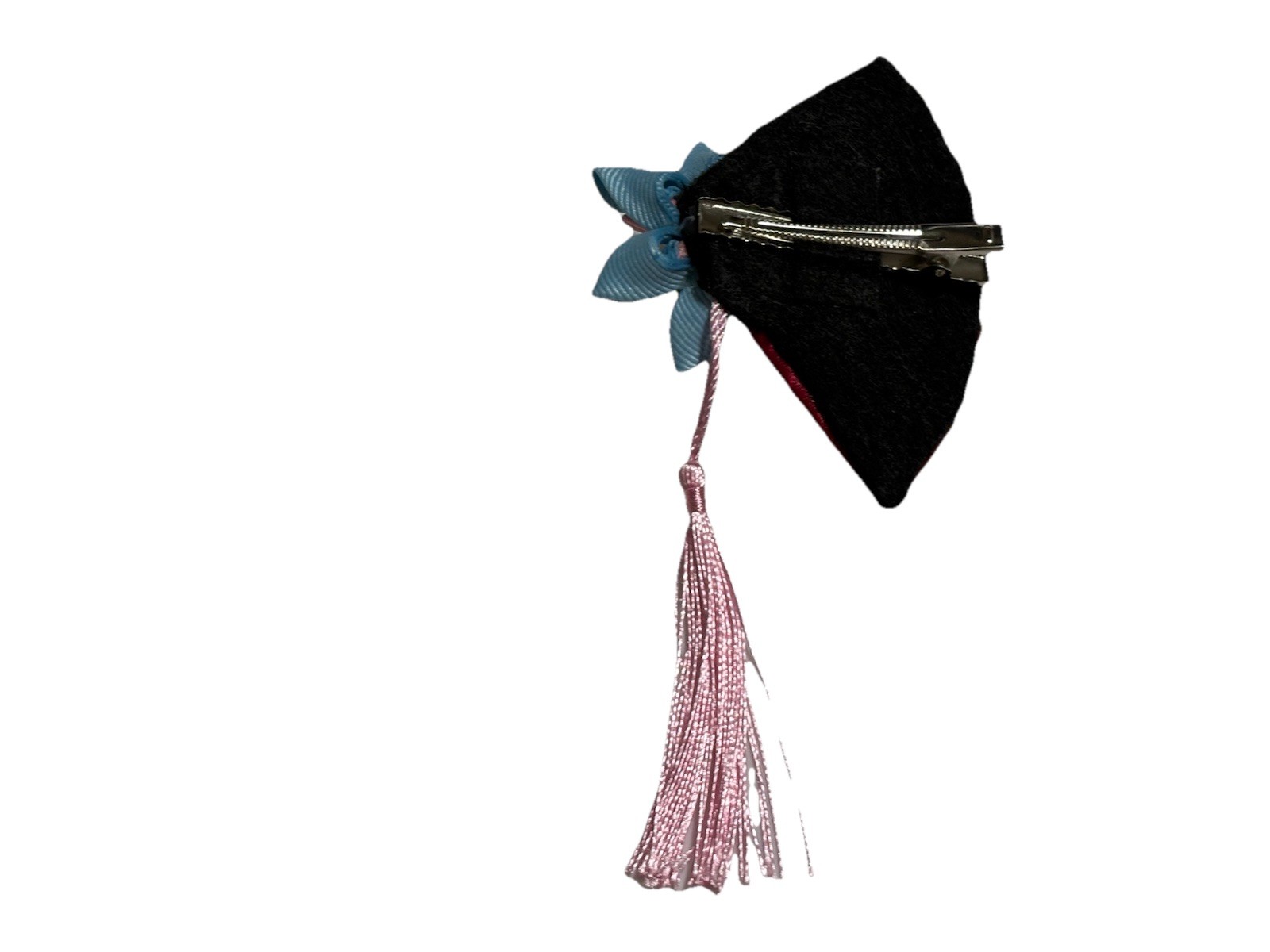 Elegant Kanzashi hair clip with delicate multicolor flower and a pink tassel.