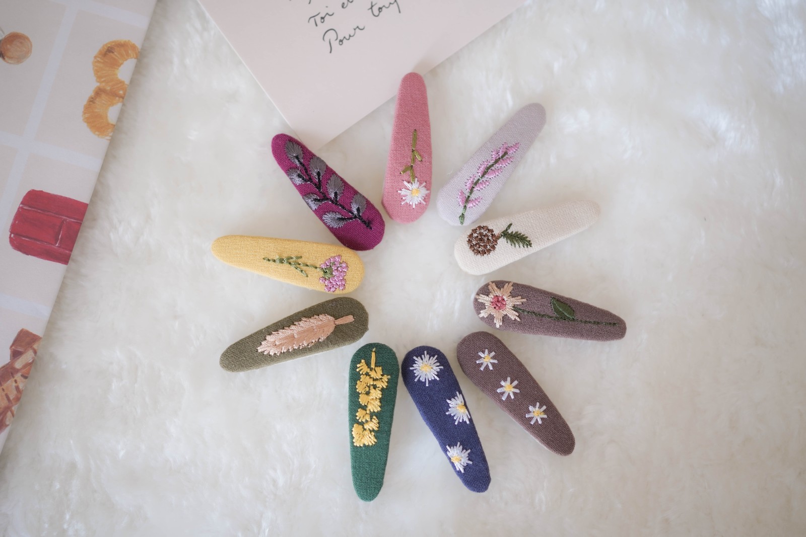 Handmade Embroidered Floral Hair Clips – Linen Snap Barrettes for Girls & Women