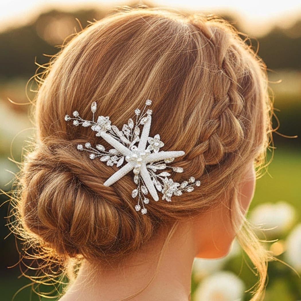 Starfish Bride Wedding Hair Comb Silver Crystal Bridal Piece Pearl Beach