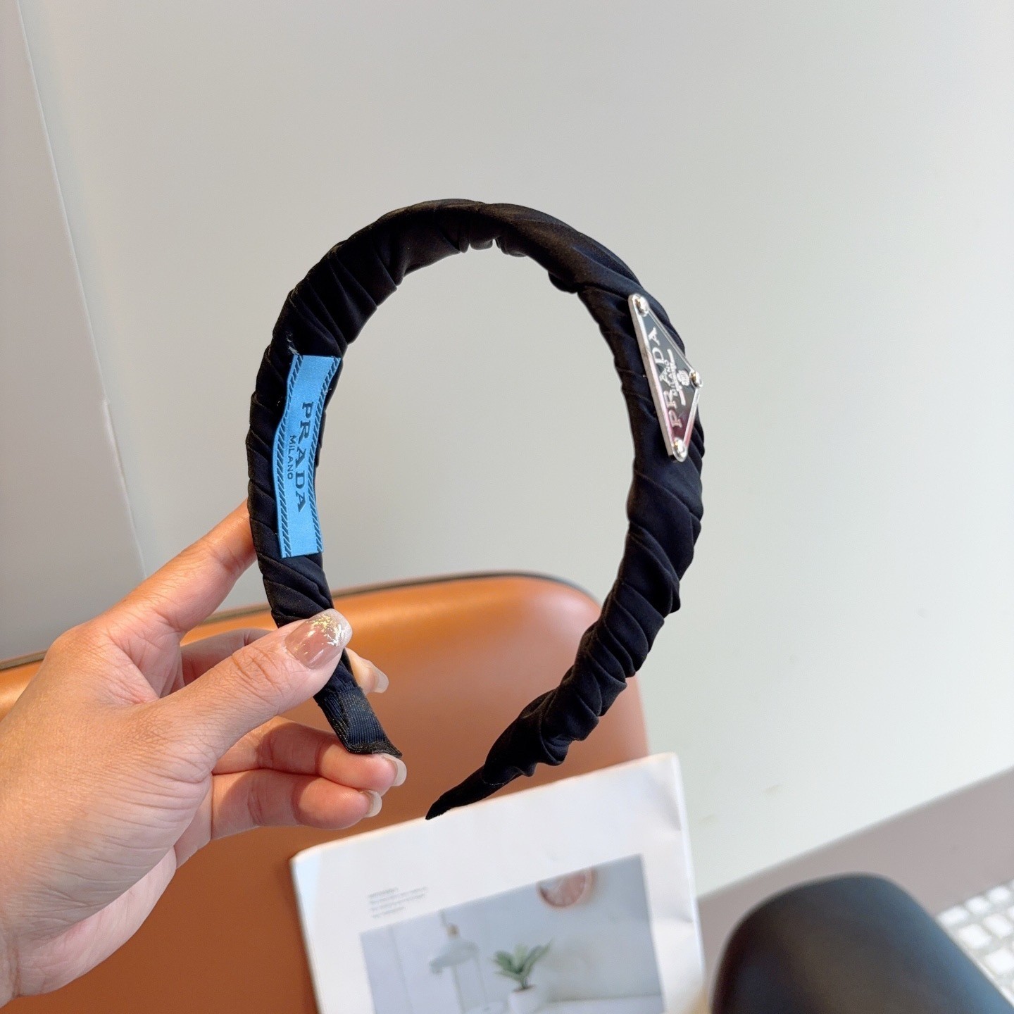 Prada Black Triangle Logo Fabric Padded Headband