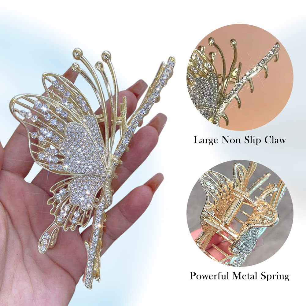 Butterfly Hair Claw Clips for Women, 2Pcs Rhinestone Large Non-Slip Strong Metal