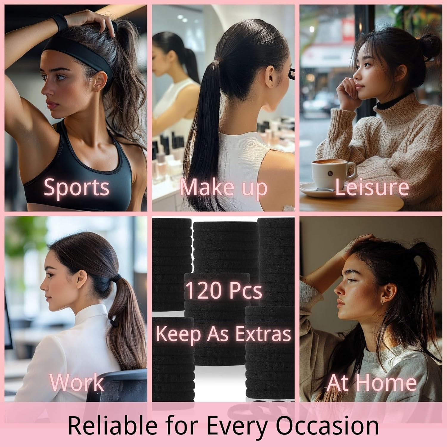 120PCS Black Hair Ties for Thick Hair – Seamless No Damage Elastic Ponytail Hold