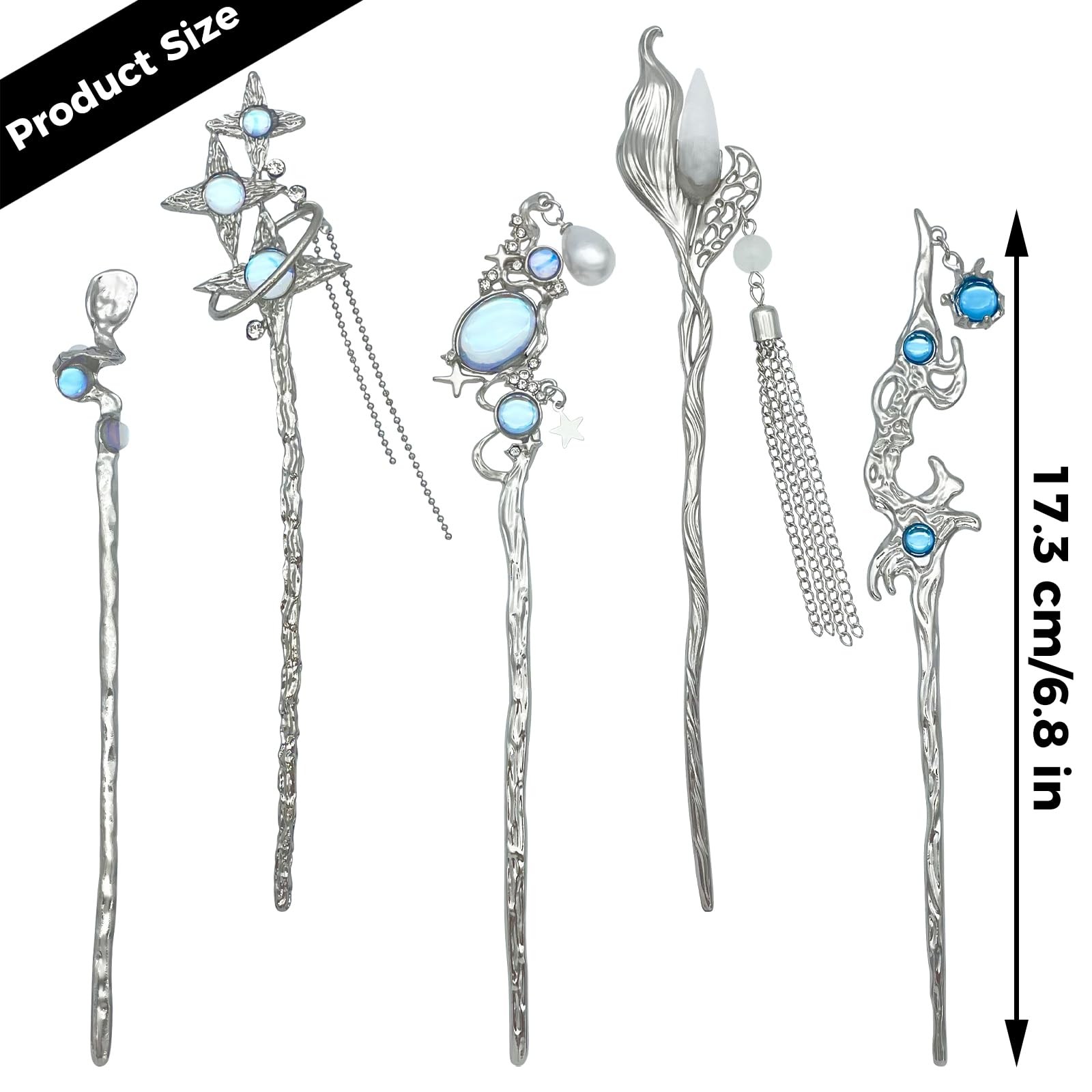 5PCS Star Moonstone Hair Sticks for Buns Chinese Hair Sticks Metal Hair Chops…