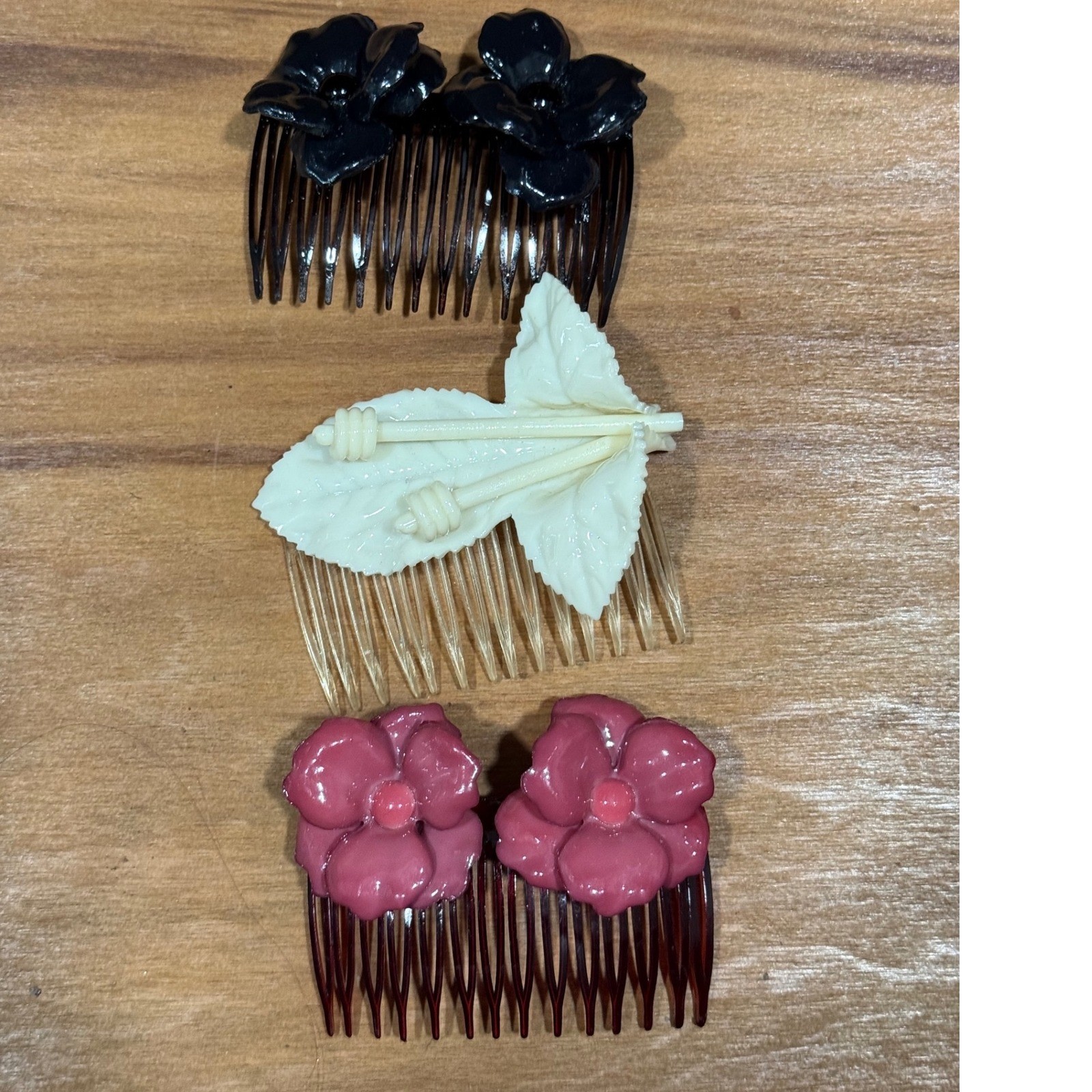 Set of 3 Floral Leaf Hair Combs Vintage Style Black Pink Ivory Hair Accessories