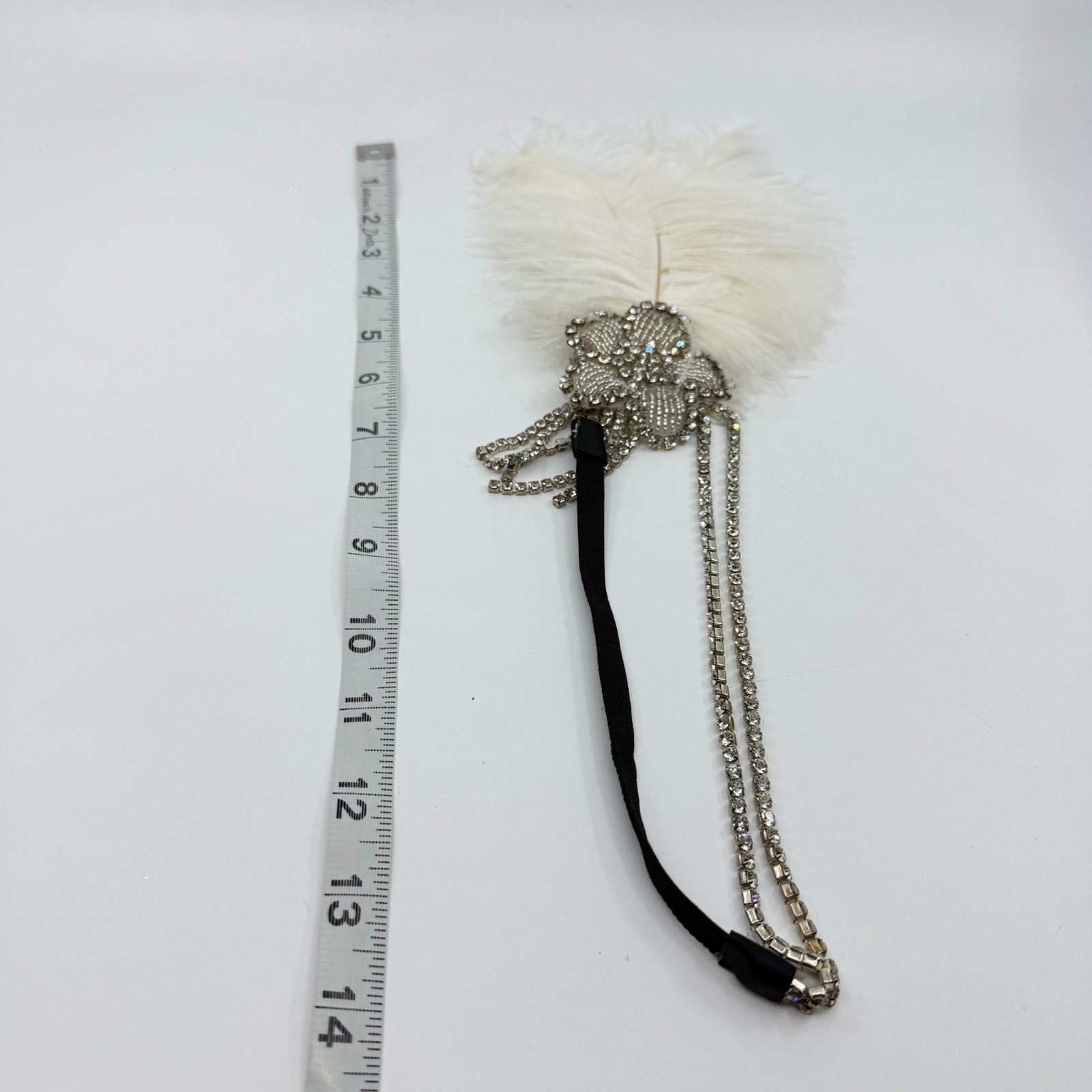 Glamorous 1920s Flapper Headband White Feather Crystal Rhinestone Gatsby Style