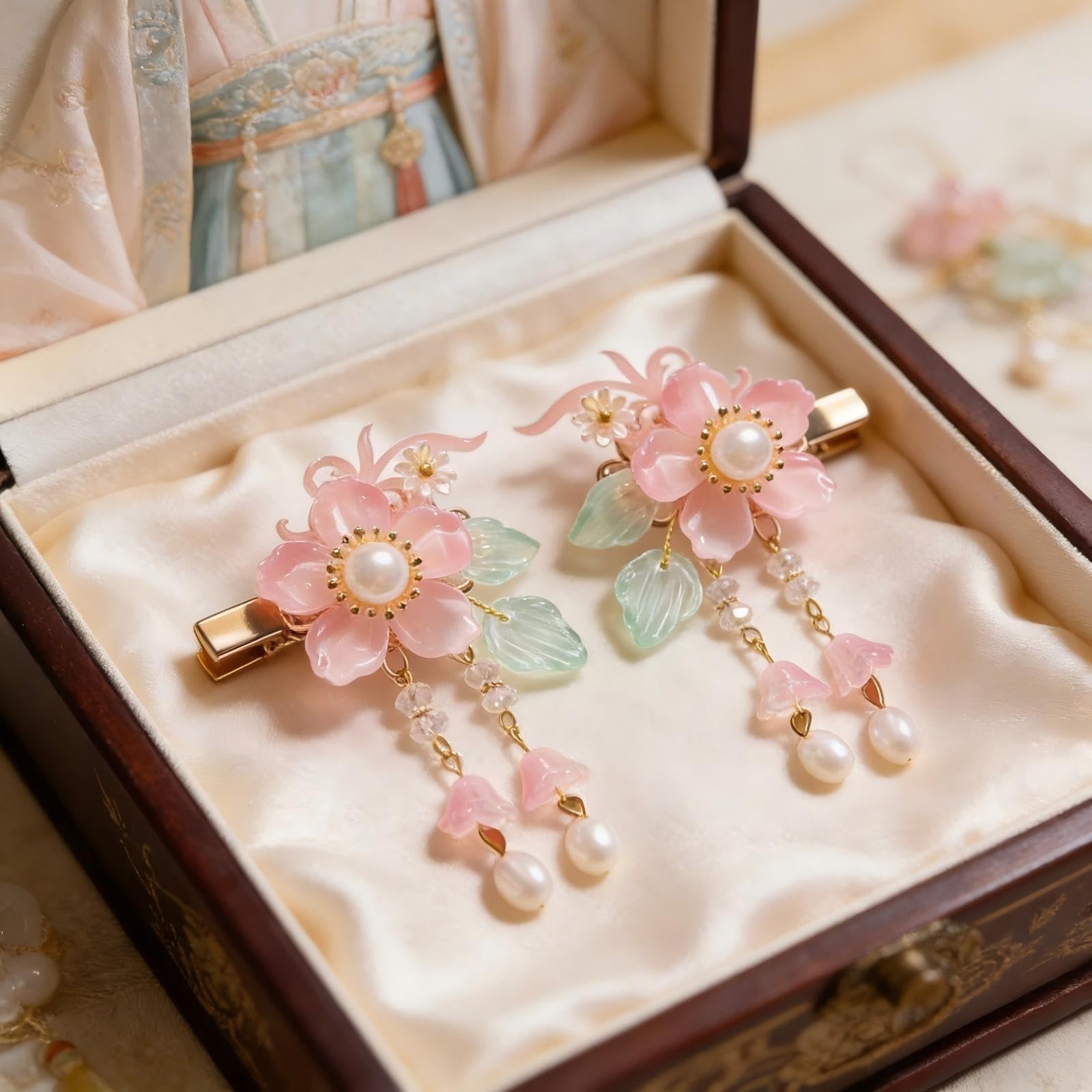 Vintage Pink Flower Hair Clips – 2Pcs Sakura Alligator Hair Clips Tassel Pearl H