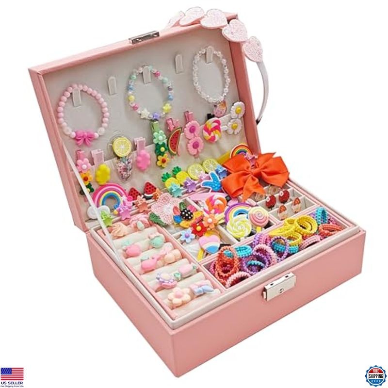 Charming Jewelry Box with Hair Accessories for Girls – Clips, Barrettes & Ties